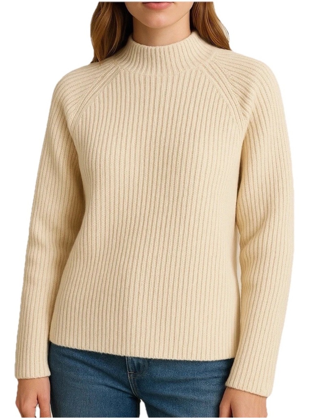 Zara Cream Ribbed Knit Mock Neck Sweater